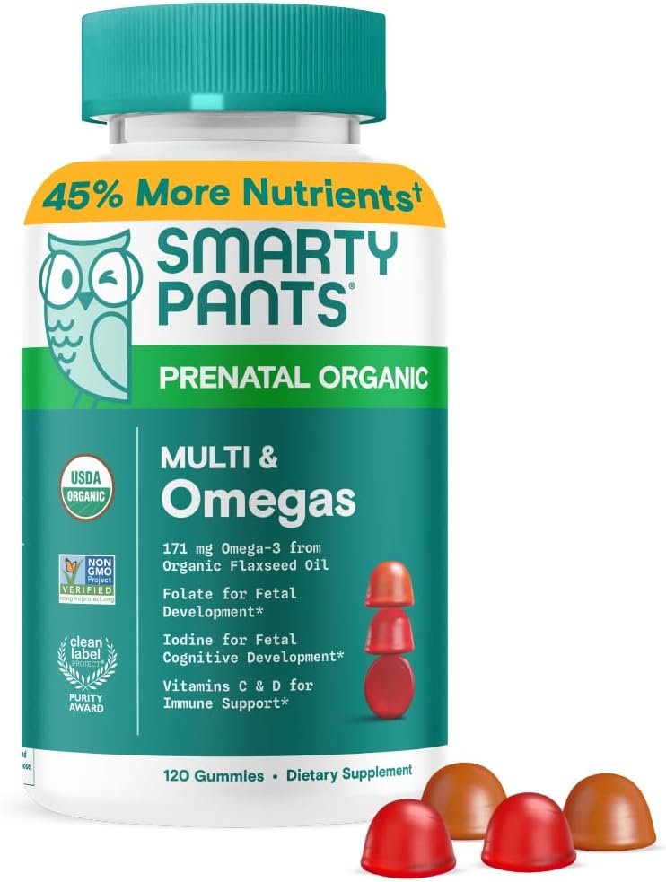 SmartyPants Organic Prenatal Vitamins for Women, Multivitamin Gummies: Biotin, Methylfolate, Omega 3 (ALA), Vitamin D3, C, Vitamin B12, B6, A, K2 & Zinc, Choline, Vegetarian, 120 Count (30 Day Supply)