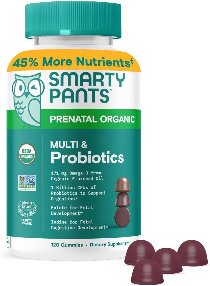 SmartyPants Organic Prenatal Vitamins for Women, Multivitamin Gummies: Probiotics, Biotin, Methylfolate, Omega 3 (ALA), Vitamin D3, C, Vitamin B12, B6, A, K2 & Zinc, Choline, 120 Count (30 Day Supply)