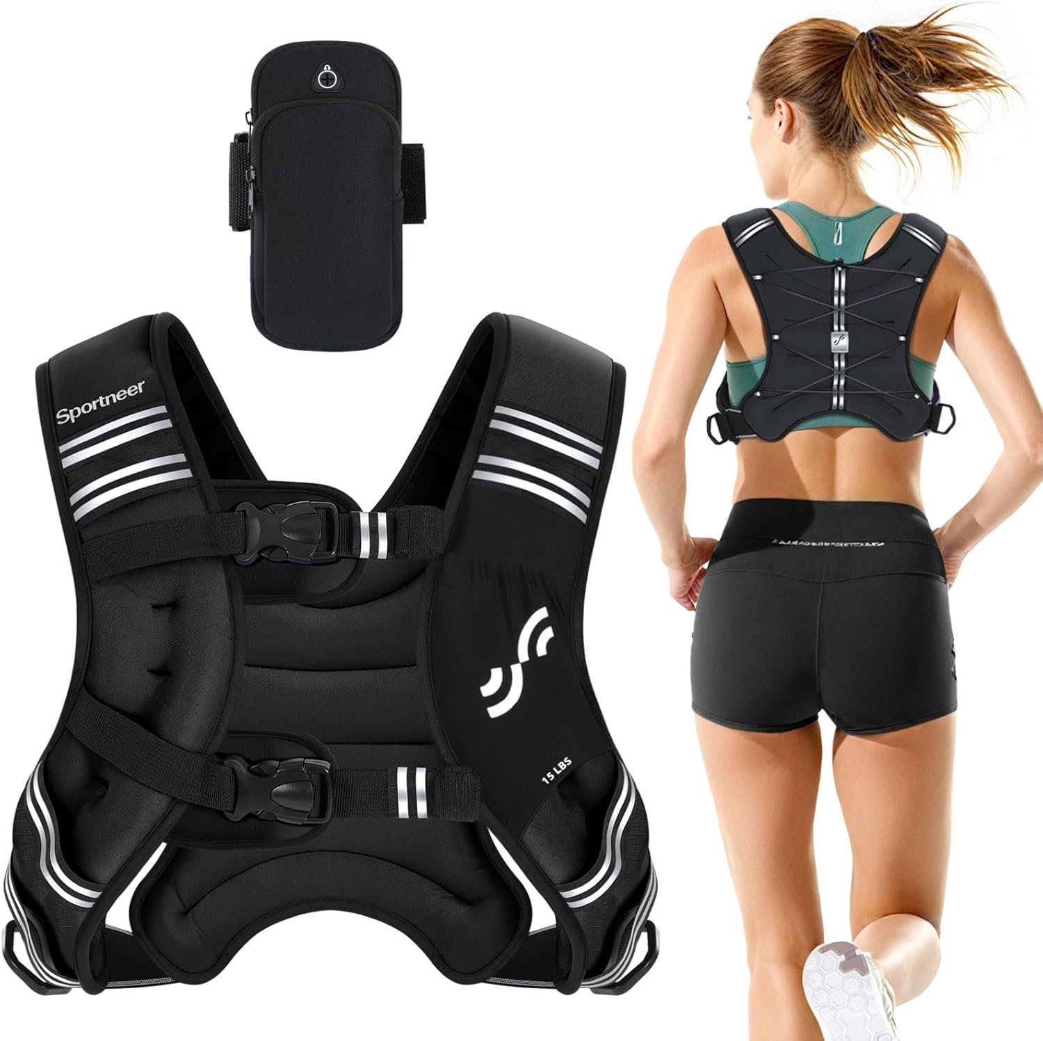 Sportneer Weighted Vest Woman: 8lb/12lb/15lb/20lb/25lb Weight Vest for Walking with Phone Bag, Adjustable Women Weighted Vest for Running Rucking Vest for Jogging Strength Training Weight Loss