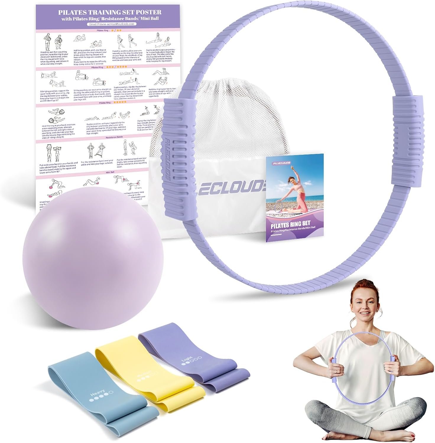 Pilates Essentials Kit for Women, 13.5″ Pilates Ring and Ball Set with Resistance Bands for Home Workouts, Portable Pilates Kit with Bag & Training Poster for Full Body Exercise