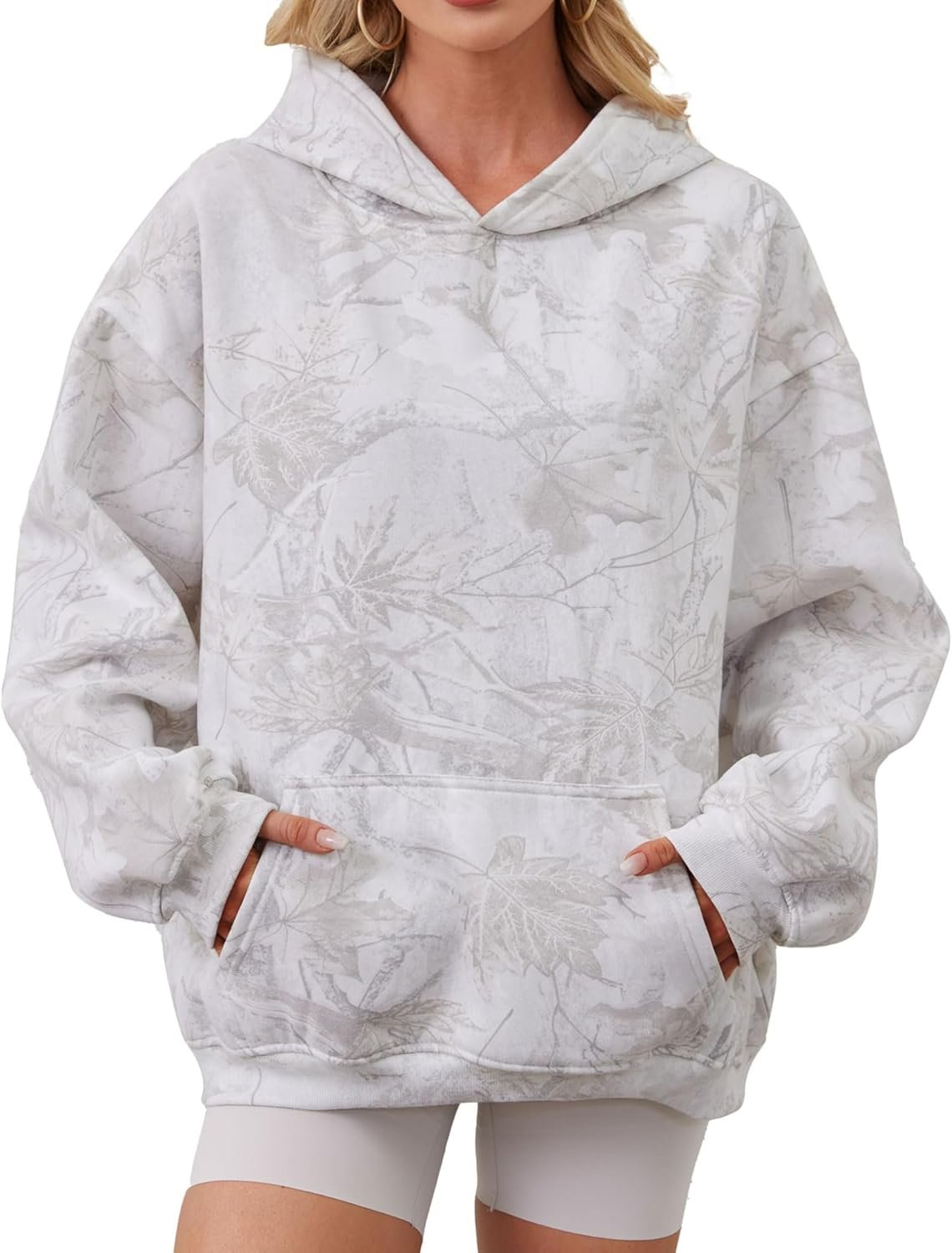 Women Camo Hoodies Oversized Maple Leaf Fleece Hooded Sweatshirt Long Sleeve Fall Trendy Pullover Hoodie with Pocket