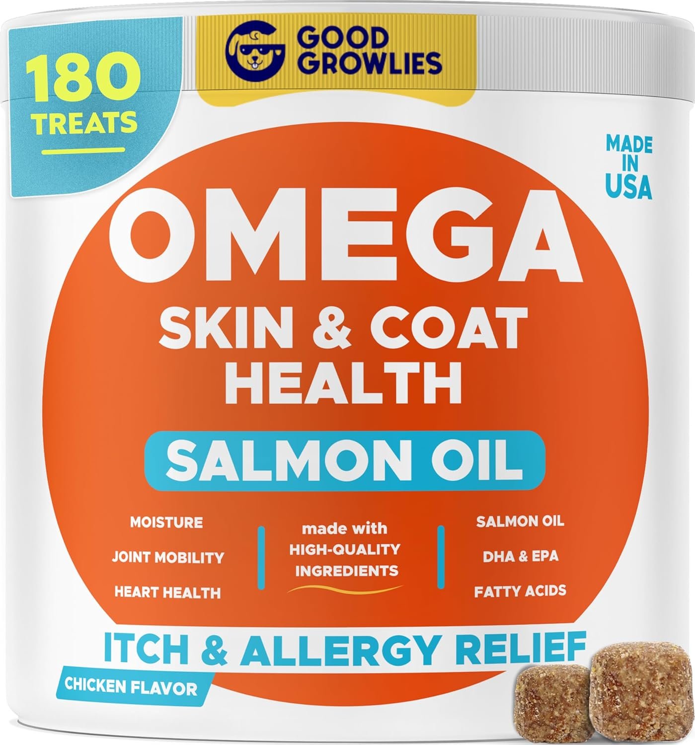 Omega 3 Fish Oil for Dogs (180 Ct) – Skin & Coat Chews – Dry & Itchy Skin Relief + Allergy Support – Shiny Coats – EPA&DHA Fatty Acids – Natural Salmon Oil Chews Promotes Heart, Hip & Joint Support