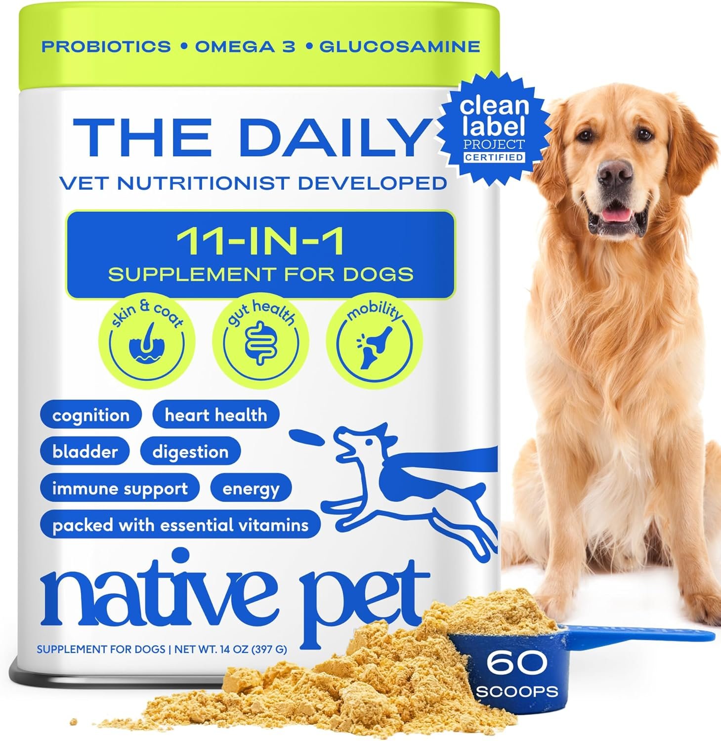 Native Pet Dog Vitamins & Supplements – 11-in-1 Multivitamin Powder for Dogs Food Topper – Collagen, Glucosamine, Probiotics, Omega & More- Supports Healthy Gut, Mobility & Overall Health -60 Scoops