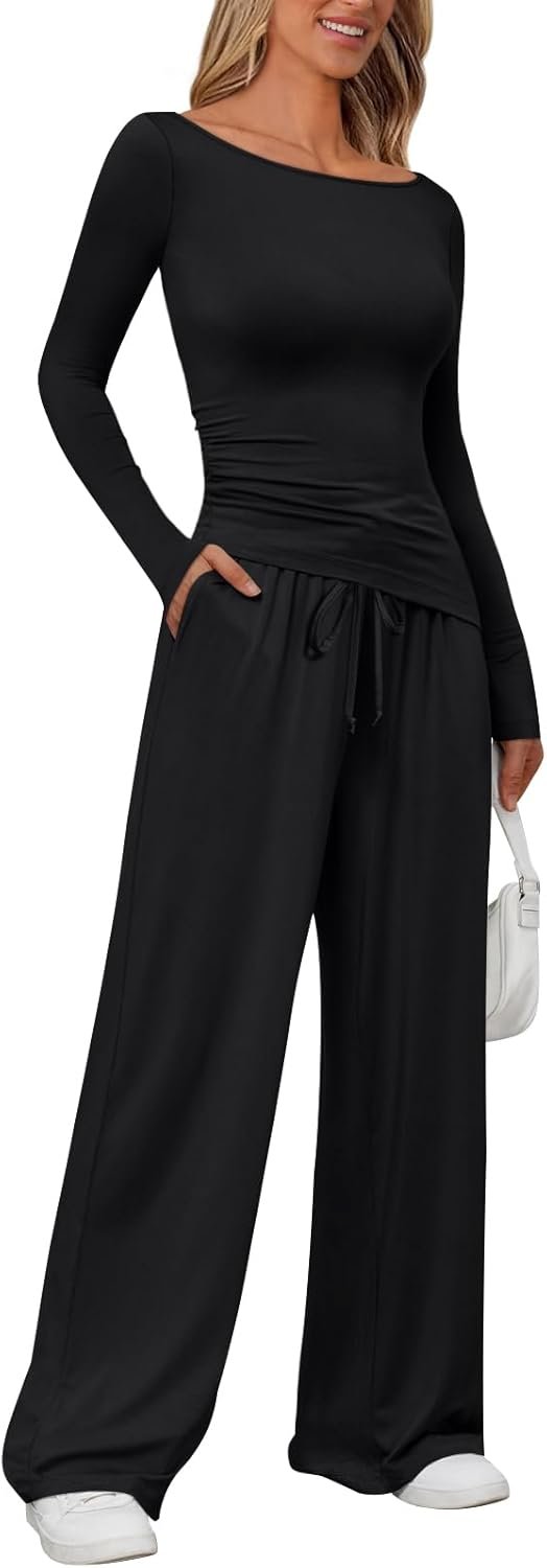 LILLUSORY Womens Boat Neck Long Sleeve Side Ruching Asymmetric Hem Top Wide Leg Pants 2 Piece Casual Lounge Set with Pockets