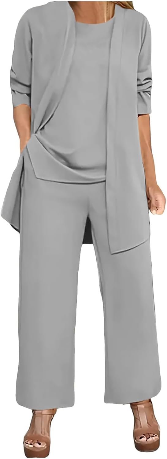 Womens Chiffon 3 Piece Outfit Sets Solid Formal Wide Leg Pant Suits Dressy Wedding Guest Pantsuits