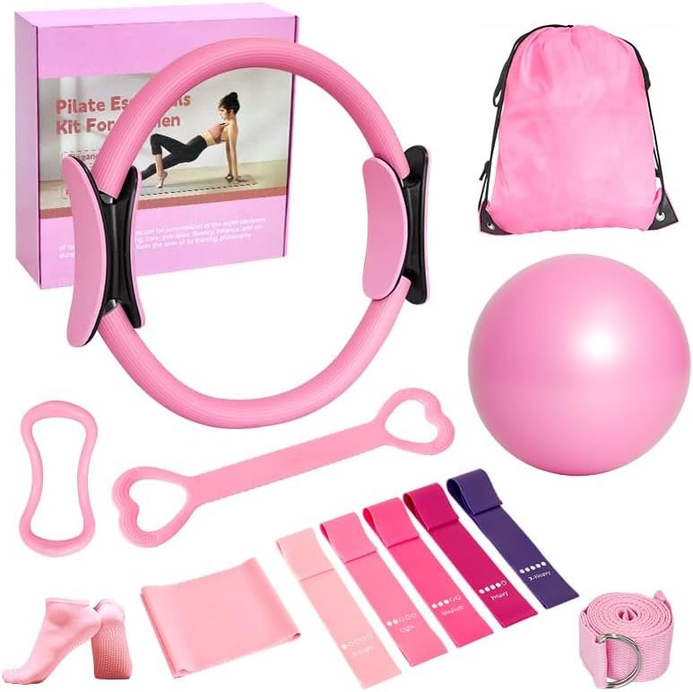 Home Pilates Essentials Kit for Women, with 5 Resistance Bands – Magic Circle Pilates Kit for Home Toning, Includes Yoga Ball, Stretch Strap & Gym Bag (13-Piece Complete Starter Set)