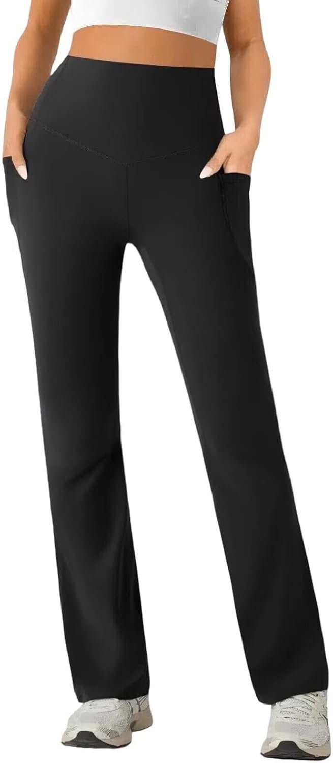 Womens High Waist Yoga Pants Stretchy Casual Trousers Straight Leg Pull On Side Pockets