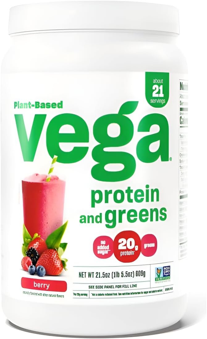 Vega Protein and Greens Protein Powder, Berry – 20g Plant Based Protein Plus Veggies, Vegan, Non GMO, Pea Protein for Women and Men, 1.3 lbs (Packaging May Vary) (Pack of 1)
