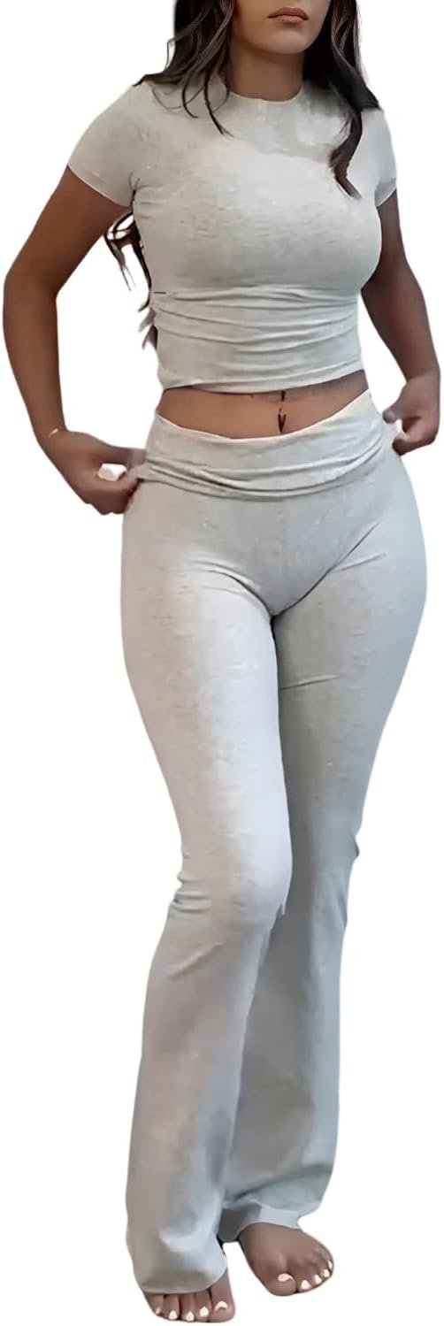 Women’s 2 Piece Lounge Outfits Slim Short Sleeve Tops Low Rise Flare Leggings Sets Yoga Sweatsuit