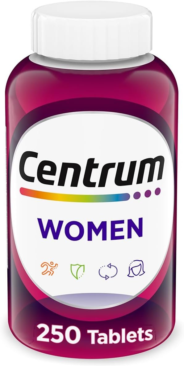 Centrum Multivitamin for Women, Multivitamin/Multimineral Supplement with Iron, Vitamin D3, B Vitamins and Antioxidant Vitamins C and E, Gluten Free, Non-GMO Ingredients – 250 Count
