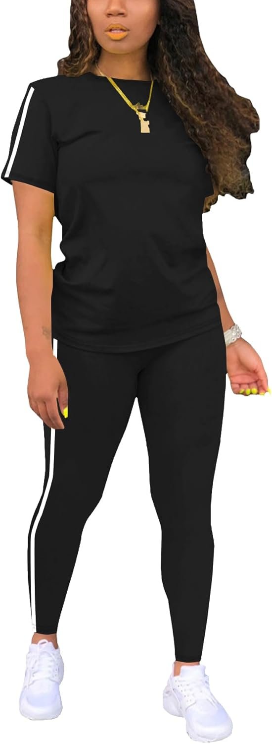 Women’s 2 Piece Outfits Sweatsuit Summer Workout Striped Short Sleeve Long Sweatpants Casual Jogging Lounge Set