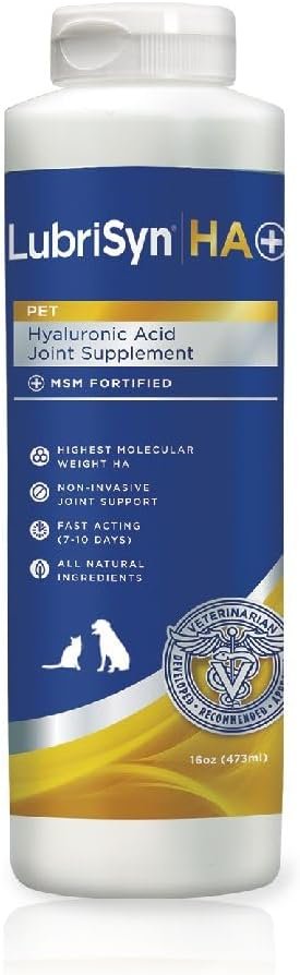 LubriSynHA Hyaluronic Acid with MSM Hip & Joint Care Supplement for Dogs, Cats & Horses – Liquid Oral HA for Pets – Joint Support Promotes Mobility, Flexibility, Cartilage Health & Comfort – 16oz