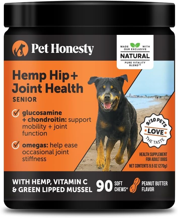 Senior Hemp Hip & Joint Support, Hemp for Dogs, Mobility Support for Senior Dogs, Glucosamine, Collagen, MSM, Green Lipped Mussel, Helps Discomfort (Peanut Butter, 90)