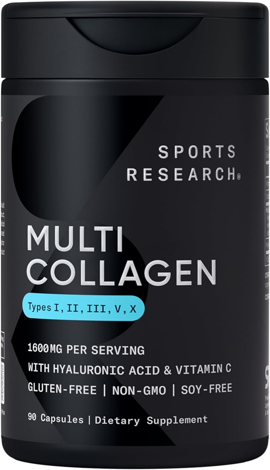 Sports Research® Multi Collagen Pills for Women & Men – Collagen Peptides (Type I, II, III, V, X) Enhanced with Hyaluronic Acid & Vitamin C – Gluten Free ­· Non-GMO – 90 Capsules