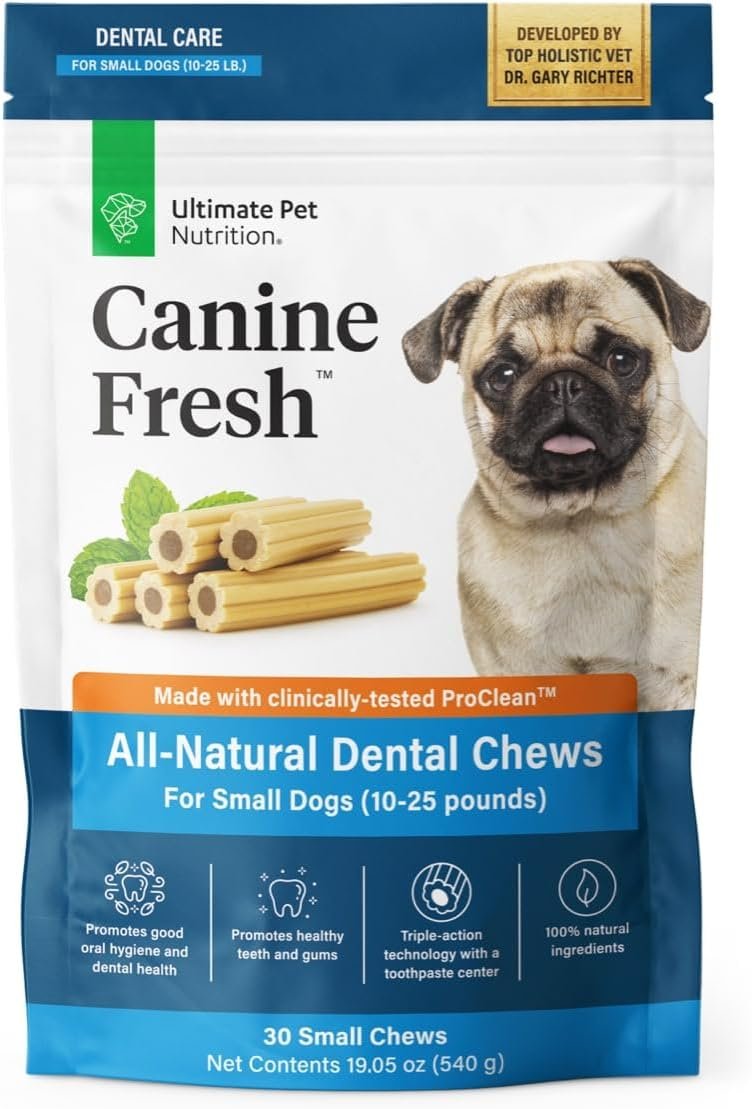 ULTIMATE PET NUTRITION Canine Fresh Dental Chews, Dental Dog Treats, Oral Care and Hygiene Sticks, Soothes Gums, Vet Developed, 30 Chews (Small)