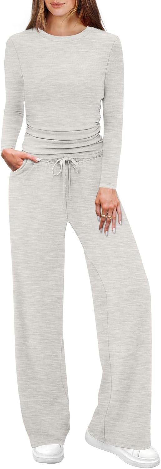 WIHOLL Lounge Sets for Women 2 Piece Vacation Outfits Long Sleeve Tops with Side Ruched Wide Leg Pants Matching Sets