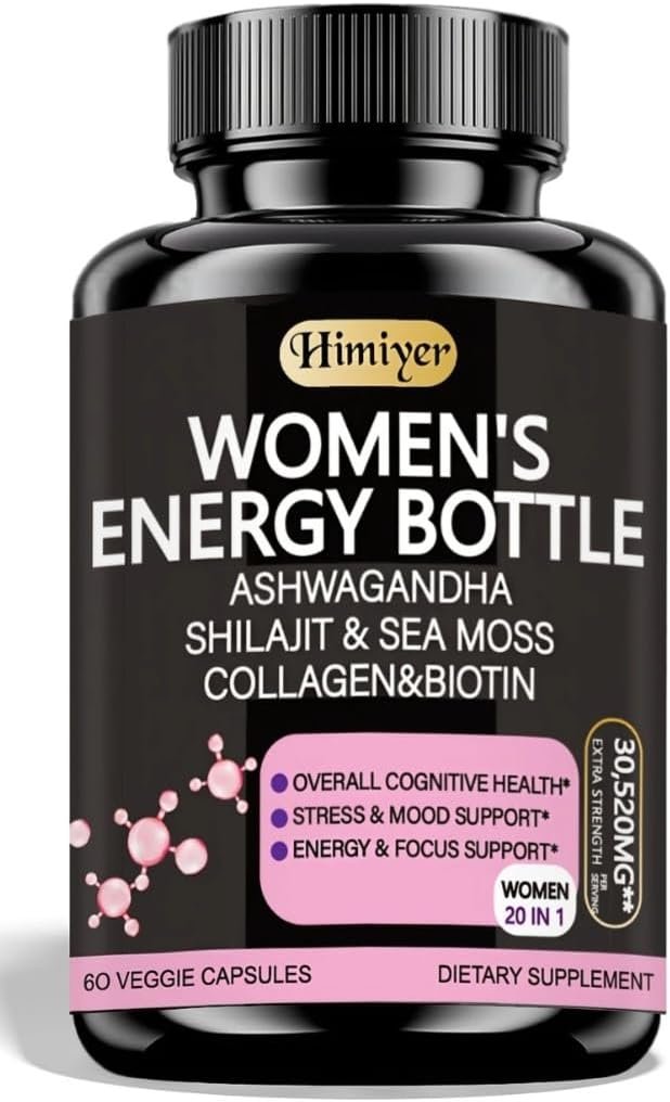 Himiyer Women’s Energy Supplement, 60 Veggie Capsules, with Ashwagandha, Shilajit, Sea Moss, Collagen and Biotin