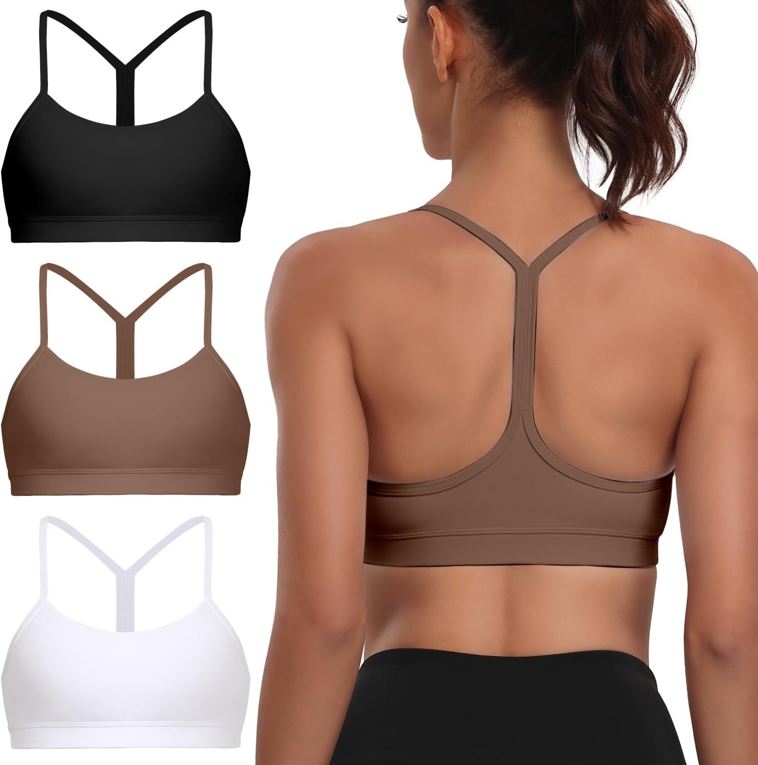 Spaghetti Strap Padded Sports Bras for Women – Y Back Yoga Workout Tops (3 Pack)