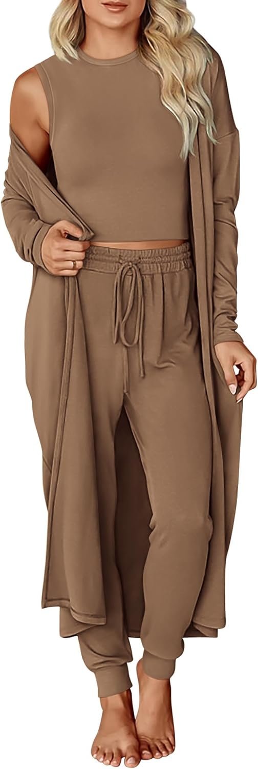 KIRUNDO 3 Piece Lounge Sets for Women Airport Travel Vacation Outfits 2025 Fall Cardigan Matching Sleeveless Top Jogger Pants