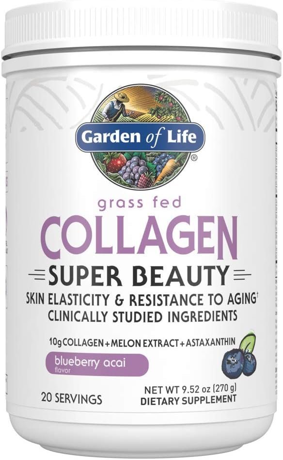 Garden of Life Grass Fed Collagen Super Beauty Powder – Blueberry Acai, 20 Servings, for Women Skin Hair Nails Joints, Collagen Peptides Powder + Protein Supplements