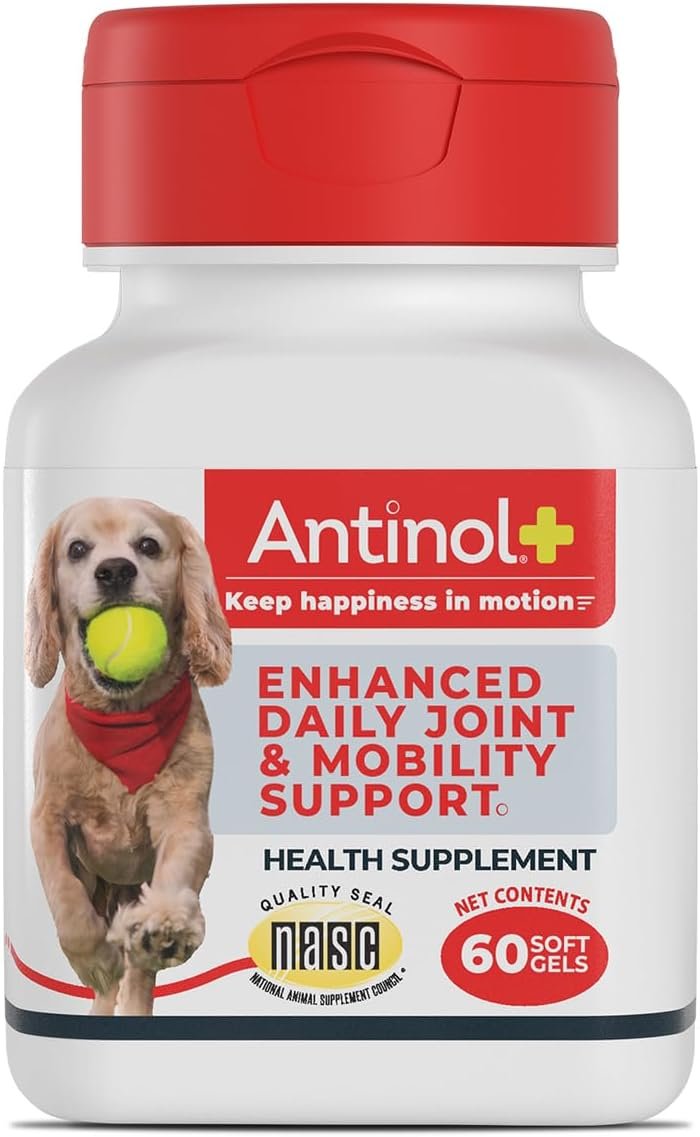 Antinol Plus, Mobility, Hip, and Joint Supplement for Dogs, Green-Lipped Mussels and Krill Oil – Dog Joint Supplement, Better and Faster Than Glucosamine and Chondroitin, 60 Soft Gels