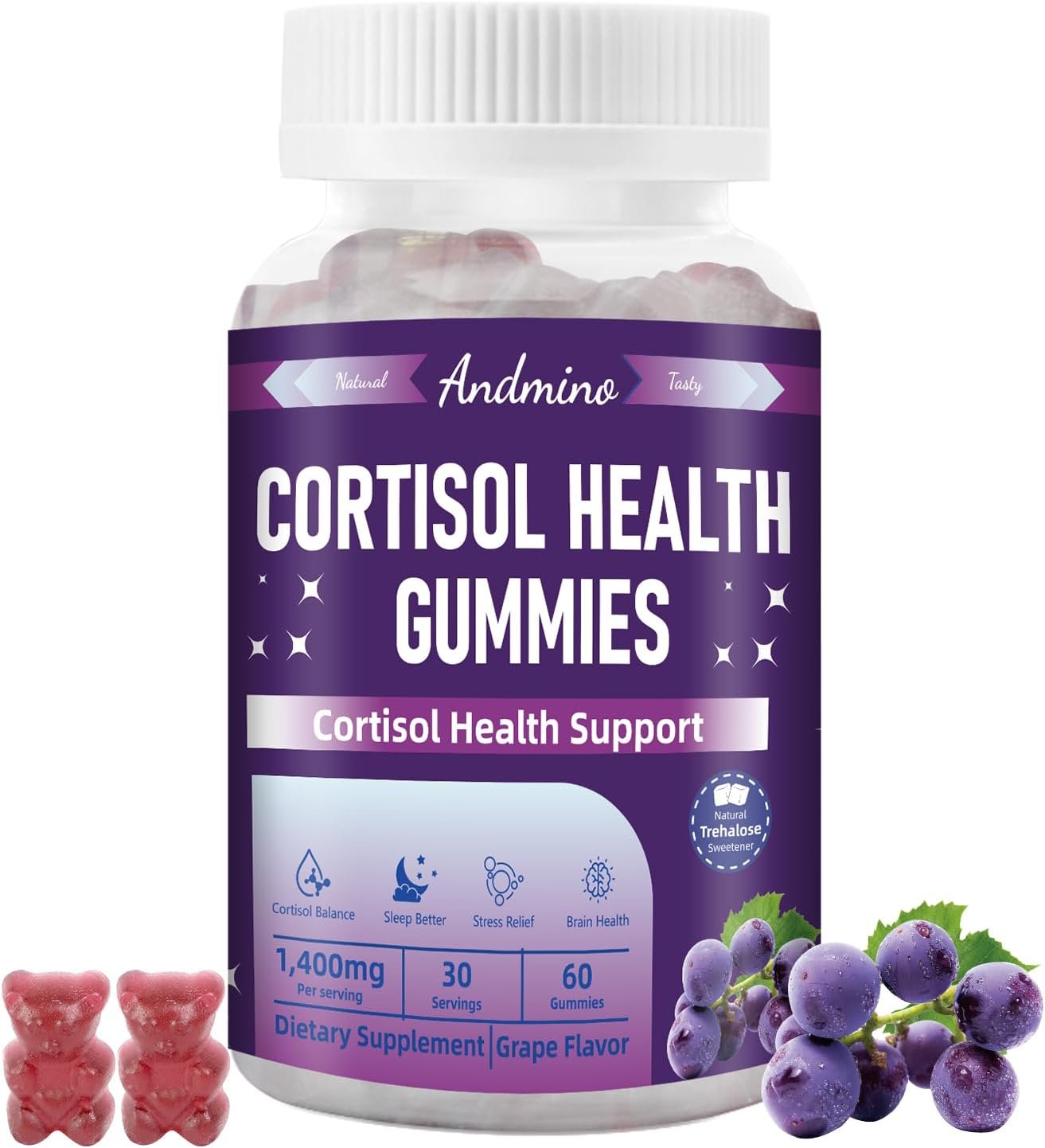 Cortisol Gummies for Women & Men, for Stress Relief & Sleep, Nighttime Cortisol Balance Support, with Trehalose, Non-GMO, Vegan, Gluten Free, Grape Flavor, 60