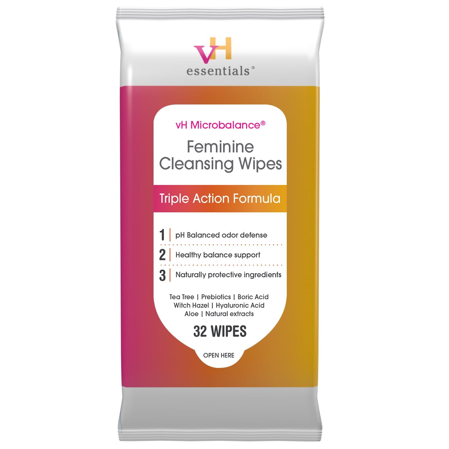 vH essentials Feminine Cleansing Wipes 32 ct. pH Balanced, Prebiotics, Tea Tree & Aloe, Soothing Witch Hazel, Odor-Blocking Formula, Vaginal and Perianal Care, Paraben, Alcohol, and Fragrance-Free