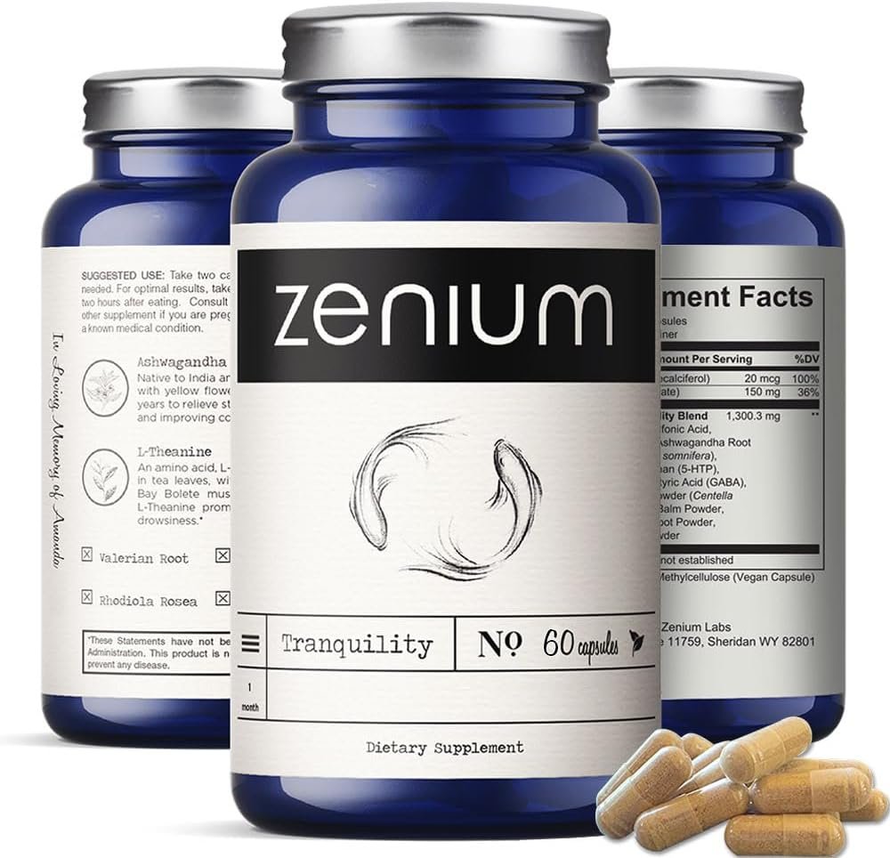 Zenium – Relieve Stress, Tension, Worry, Nervousness, & Irritability | Calm The Mind & Body | Ayurvedic | Natural Relief Supplement | Boosts Mood | Ashwagandha, L-Theanine, GABA, Rhodiola |60 Capsules