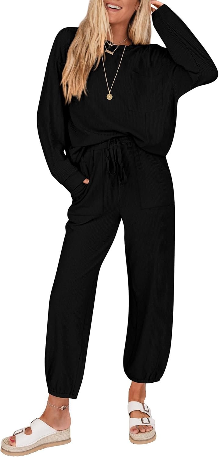 KIRUNDO Lounge Sets for Women 2025 Fall Travel Airport Outfits Ribbed Knit Tops Jogger Pants Tracksuit Postpartum Comfy Set