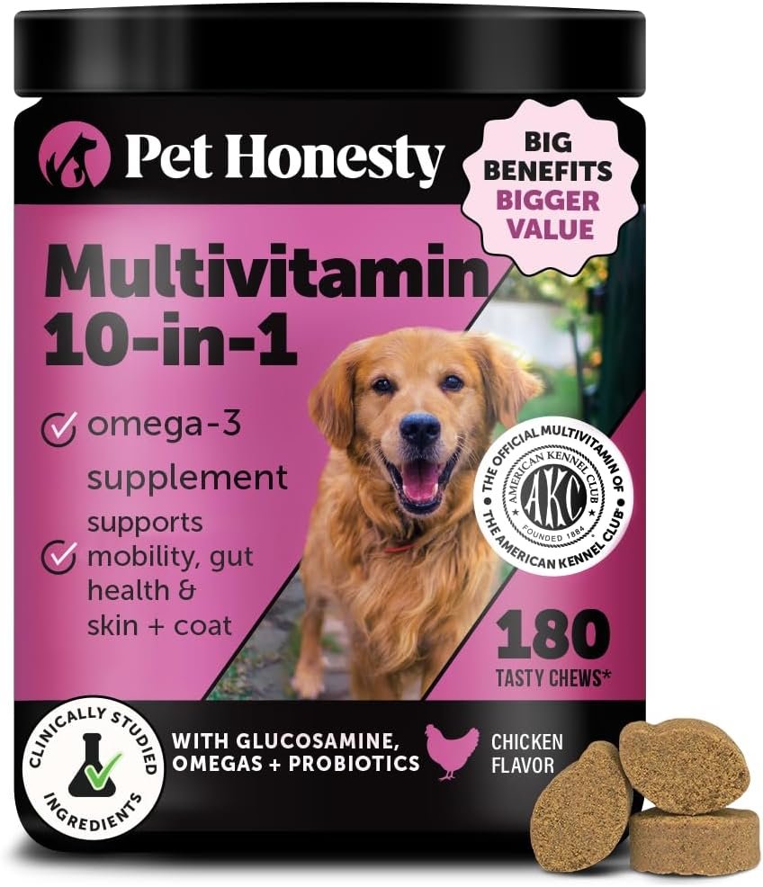 Dog Multivitamin – 10 in 1 Dog Vitamins for Health & Heart – Omega Fish Oil, Glucosamine & Probiotics – Dog Vitamins and Supplements for Skin and Coat (Chicken 180 ct)