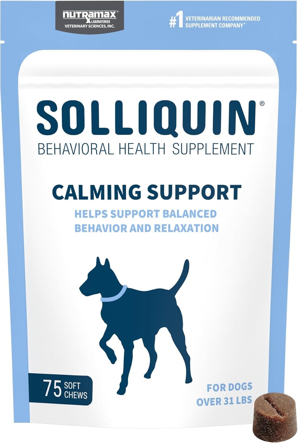 Nutramax Solliquin Calming Behavioral Health Supplement for Large Dogs – with L-Theanine, Magnolia/Phellodendron, and Whey Protein Concentrate, 75 Soft Chews