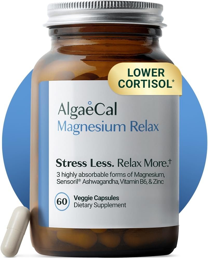 AlgaeCal Magnesium Relax™ – Chelated Magnesium with Ashwagandha for Sleep & Occasional Anxiety – Glycinate, Malate, Citrate – Sleep, Mood, & Cortisol Support (60 Caps – 1 Month Supply)