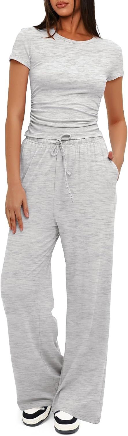 Darong Women’s 2 Piece Set Outfits Lounge Sets Ruched Short Sleeve Tops High Waisted Wide Leg Pants Tracksuit Sets