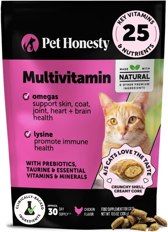 Cat Multivitamin Crunchy & Creamy Chews – Cat Treats for Health + Immune, Joint Support, Skin & Coat, & Digestion – Vitamins with Omega 3s, Lysine & Probiotics (30 Day Supply)