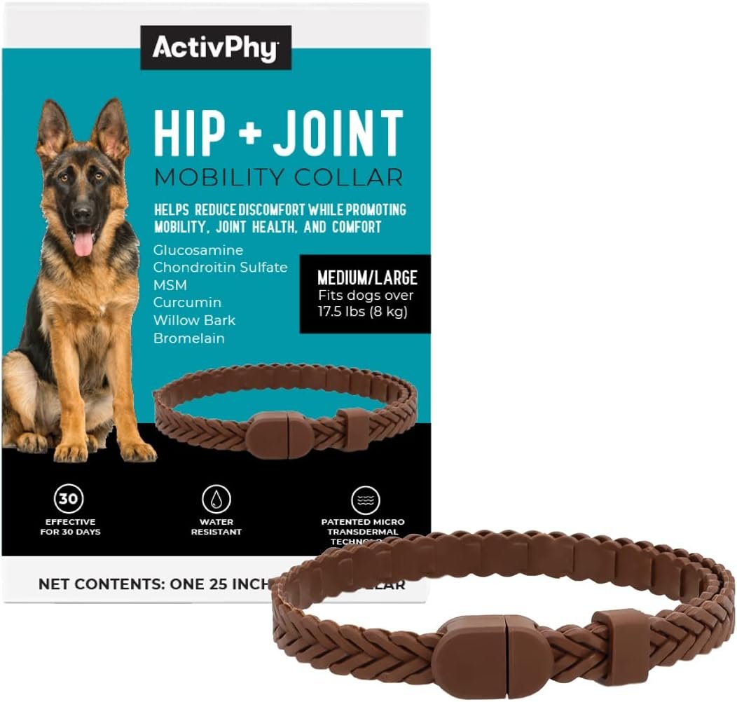 Hip + Joint Mobility Collar for Dogs with Glucosamine, Chondroitin, MSM, and More | Convenient & Easy | 30 Days of Continuous Support | Water Resistant (Med/Large)