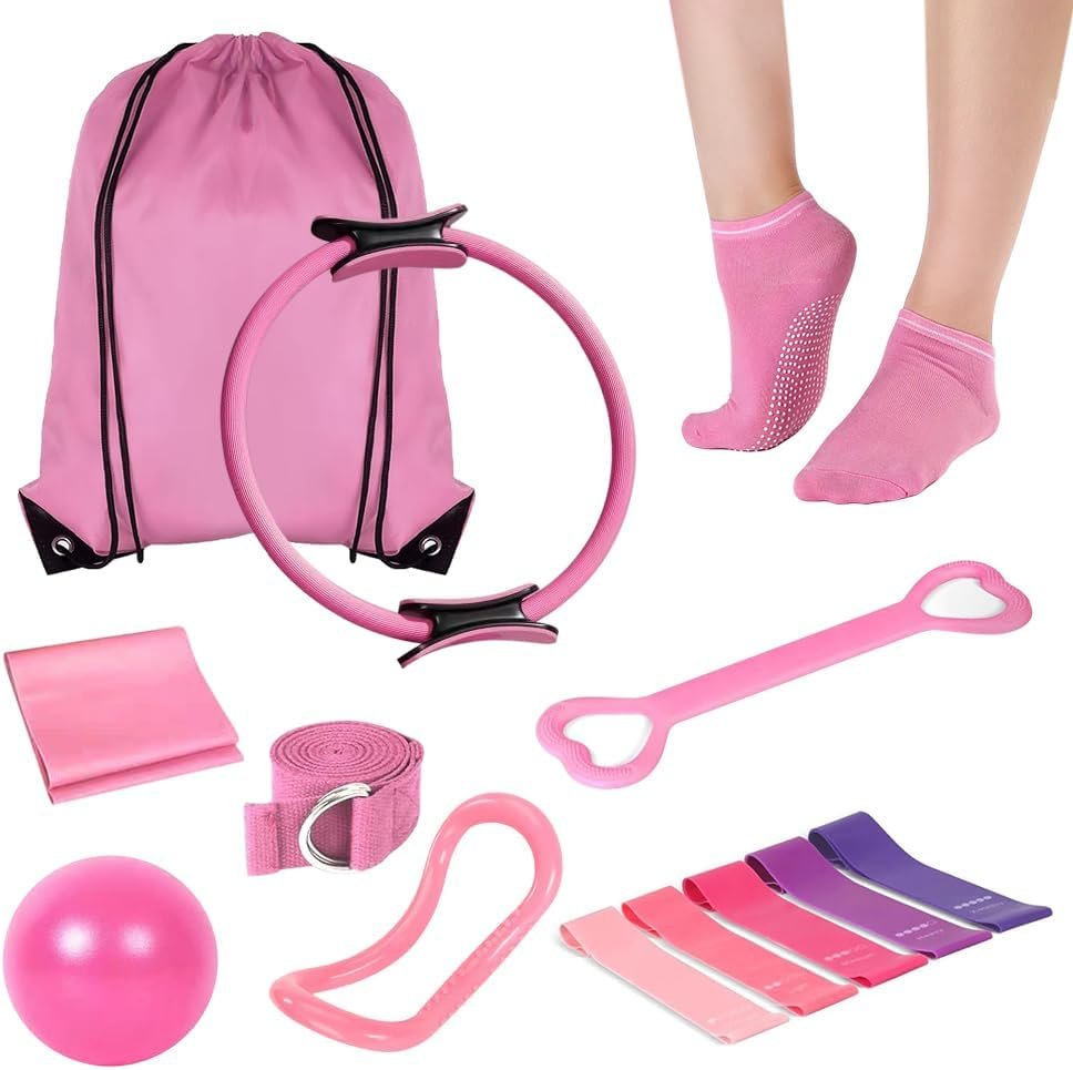 Pilates Ring and Ball Set, 6 Pcs Home Pilates Kit with 13” Circle Circle Yoga Ring 3 Resistance Bands 9.8” Pilates Ball Pilates Grip Socks, Pilates Essential Kit for Women Girl Home Workouts