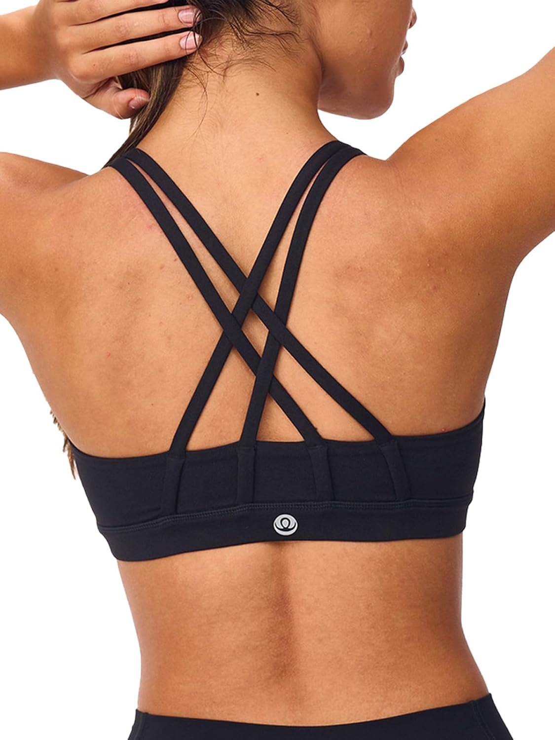 Women’s Strappy Sports Bras Light Compression Crop Criss Cross Back Padded Workout Yoga Bra Supportive U Neckline