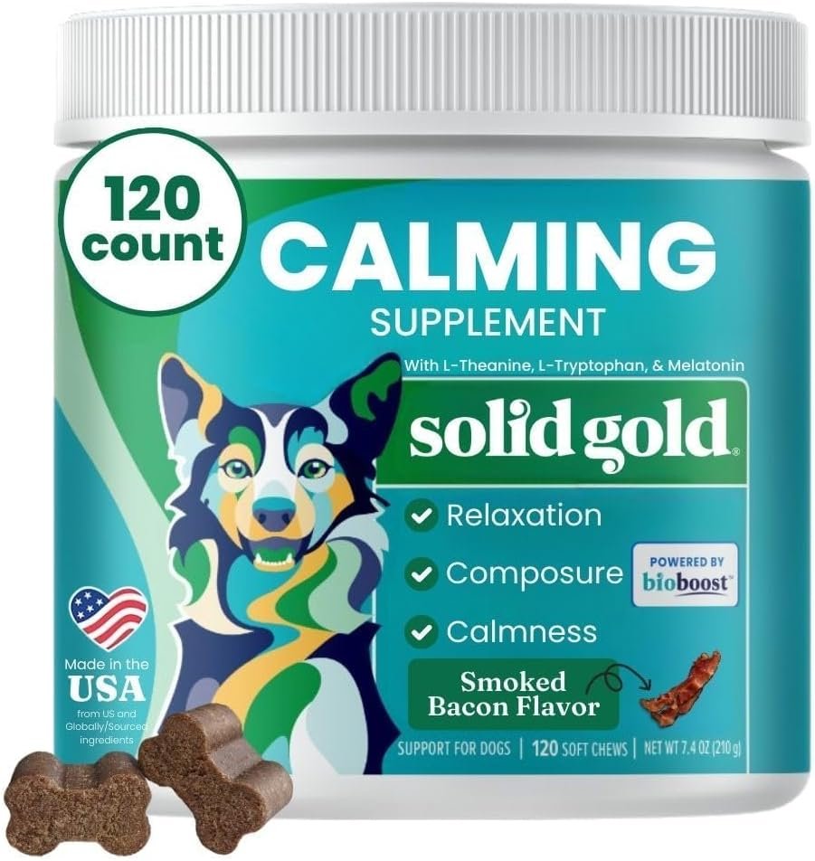 Solid Gold Calming Chews for Dogs – Dog Calming Chews w/Melatonin for Separation, Stress & Hyperactivity Relief – Supports Relaxation for Travel, Fireworks & Storms – All Ages & Sizes – Bacon 120ct
