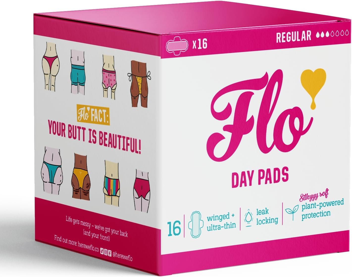 FLO – Day Menstrual Pads (16 Pack) – Regular Flow – Leak Locking – Winged + Ultra-Thin – Natural, Absorbent, Soft, & Breathable – Bamboo Period Pads for Women – Plant Based – Vegan & Cruelty Free