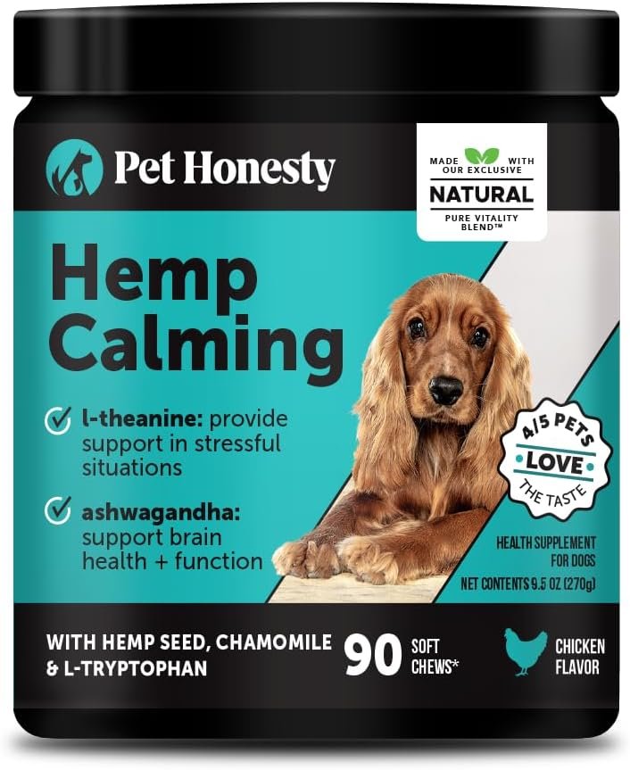 Natural Hemp Calming Chews for Dogs – Dog Anxiety Relief – Calming Aid Supplement with Valerian Root, Chamomile, + Magnesium – Stress, Separation & Thunder Support – (Chicken, 90 Count)