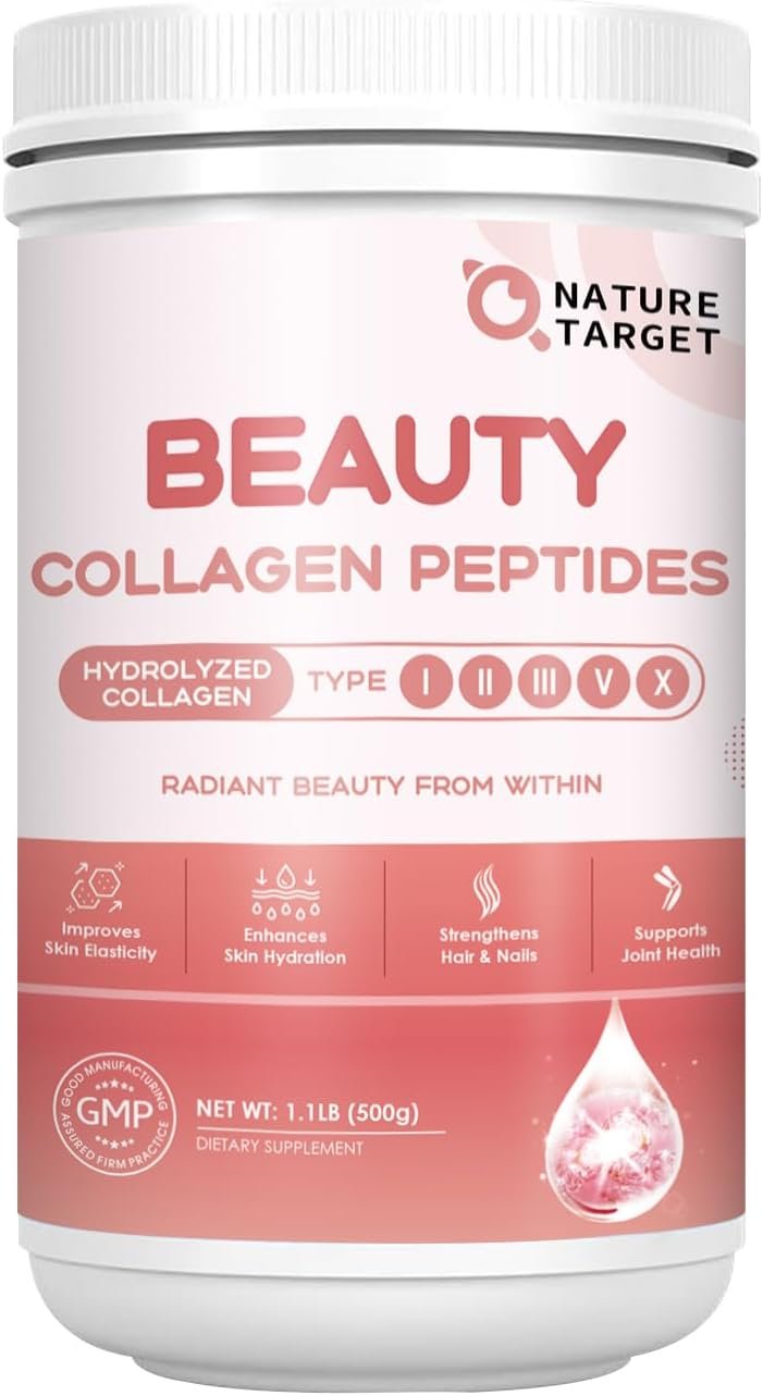 NATURE TARGET Beauty Collagen Peptides Powder for Women, Multi Collagen Powder with Vitamin C, Biotin, Hyaluronic Acid – Unflavored, Keto Friendly, Easy Dissolve, Non-GMO, 50 Servings