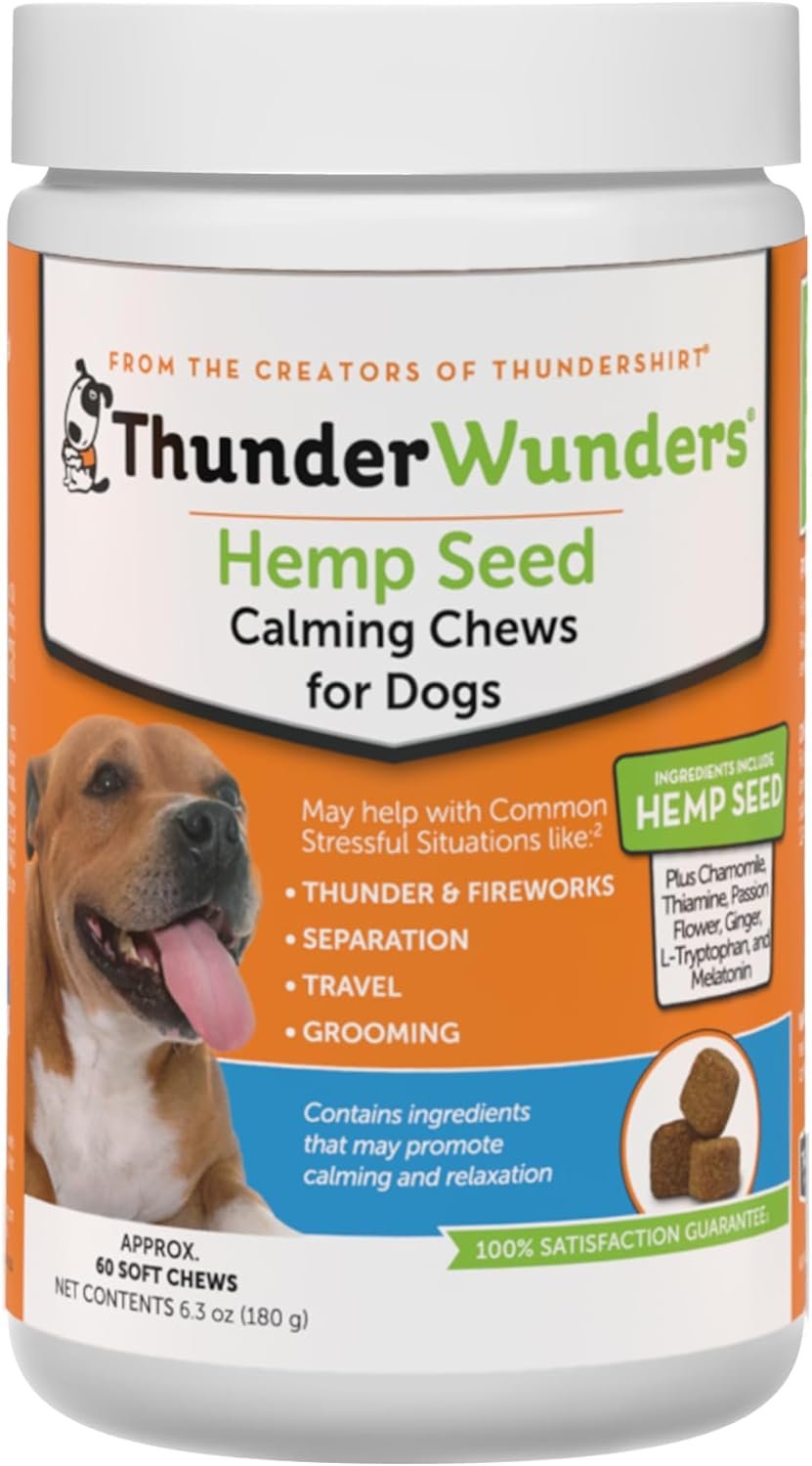 ThunderWunders Hemp Dog Calming Chews | Vet Recommended for Situational Anxiety | Fireworks, Thunderstorms, Travel & More | Made with Hemp Seed, Thiamine, L-Tryptophan, Melatonin & Ginger (60 Count)