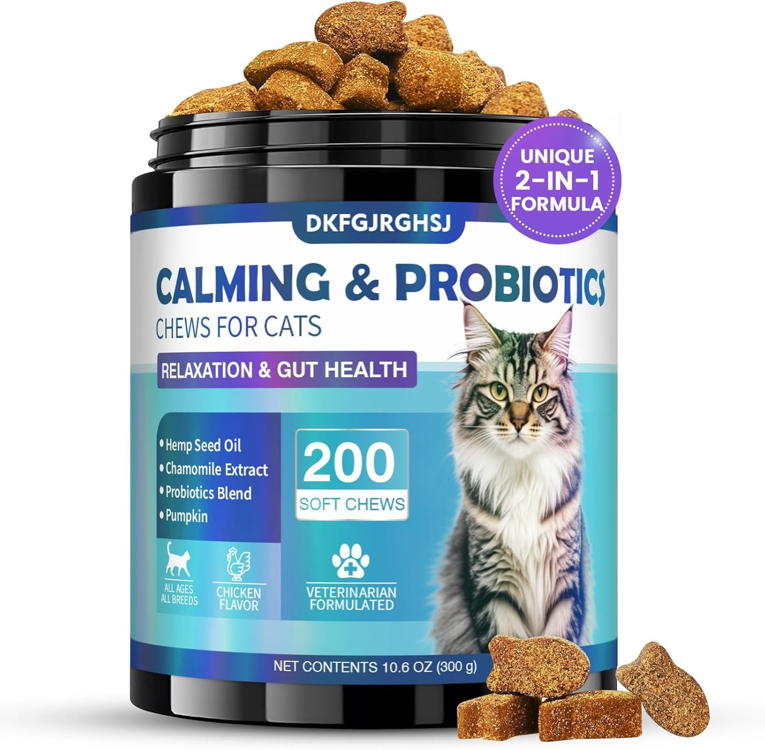 Cat Calming Treats, 200 Soft Chews Hemp Calming for Cats Gut Health with Probiotics, Calm Cat Treats for Anxiety and Stress Relief & Probiotic for Cats Digestive Health Chicken Flavor