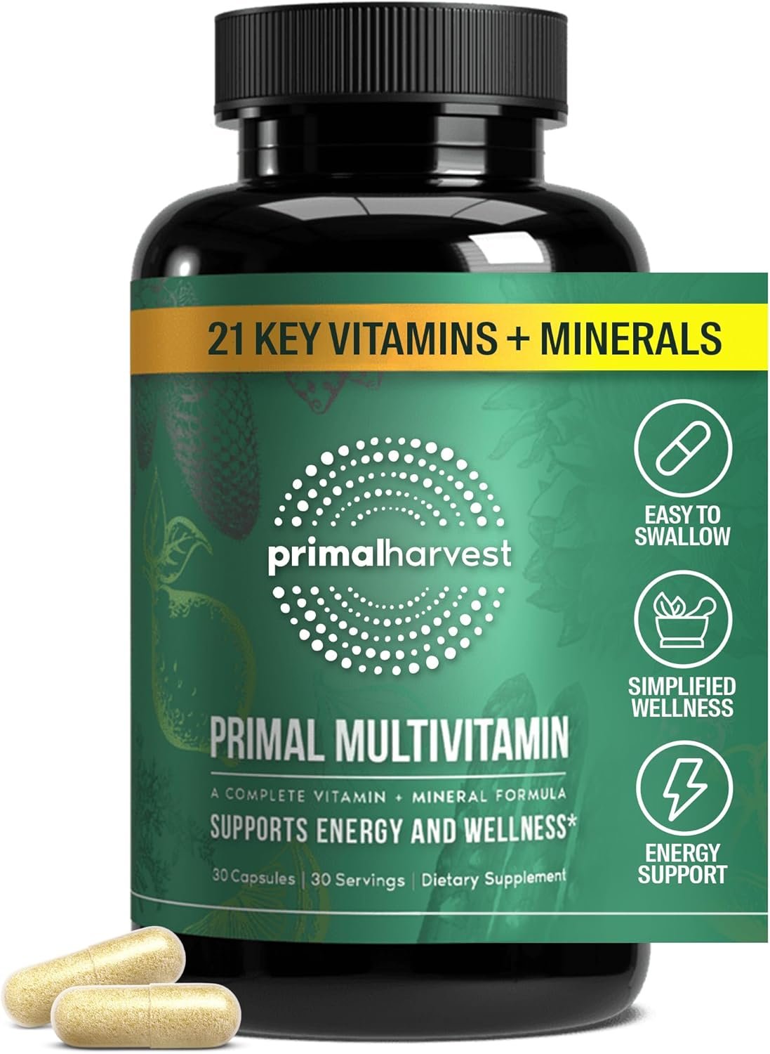 Primal Harvest Primal Multivitamin – Daily Multi-Vitamin Supplement with 21 Essential Vitamins & Minerals for Women & Men – Vitamin A, C, D, E, B12, B6, Biotin, Folic Acid, Zinc, Copper & Selenium