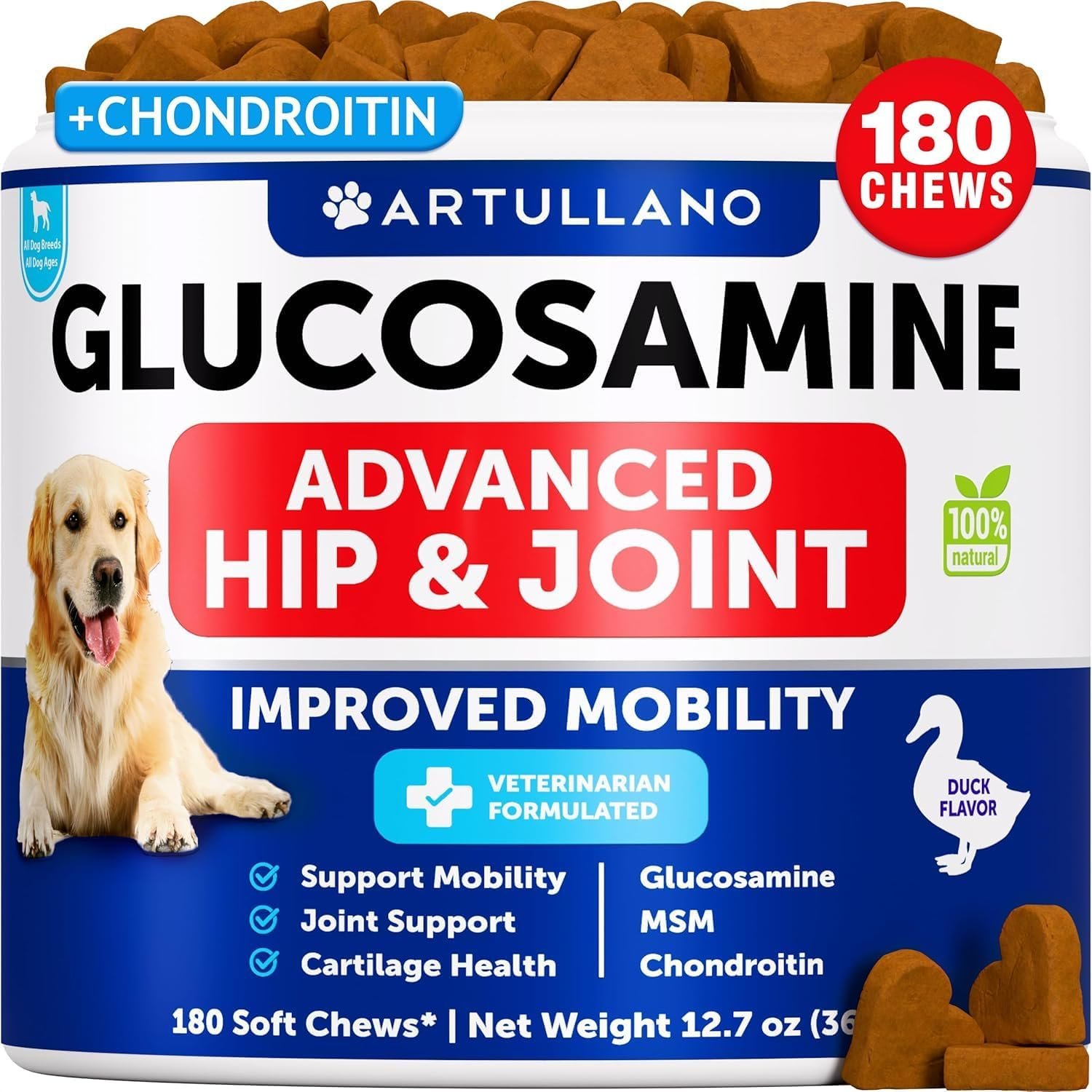 Glucosamine for Dogs – Hip and Joint Supplement for Dogs with Arthritis – Chews with Chondroitin, Hemp Oil, MSM – Canine Joint Pain Relief Health – Mobility Support for Large Breeds – 180 Soft Treats