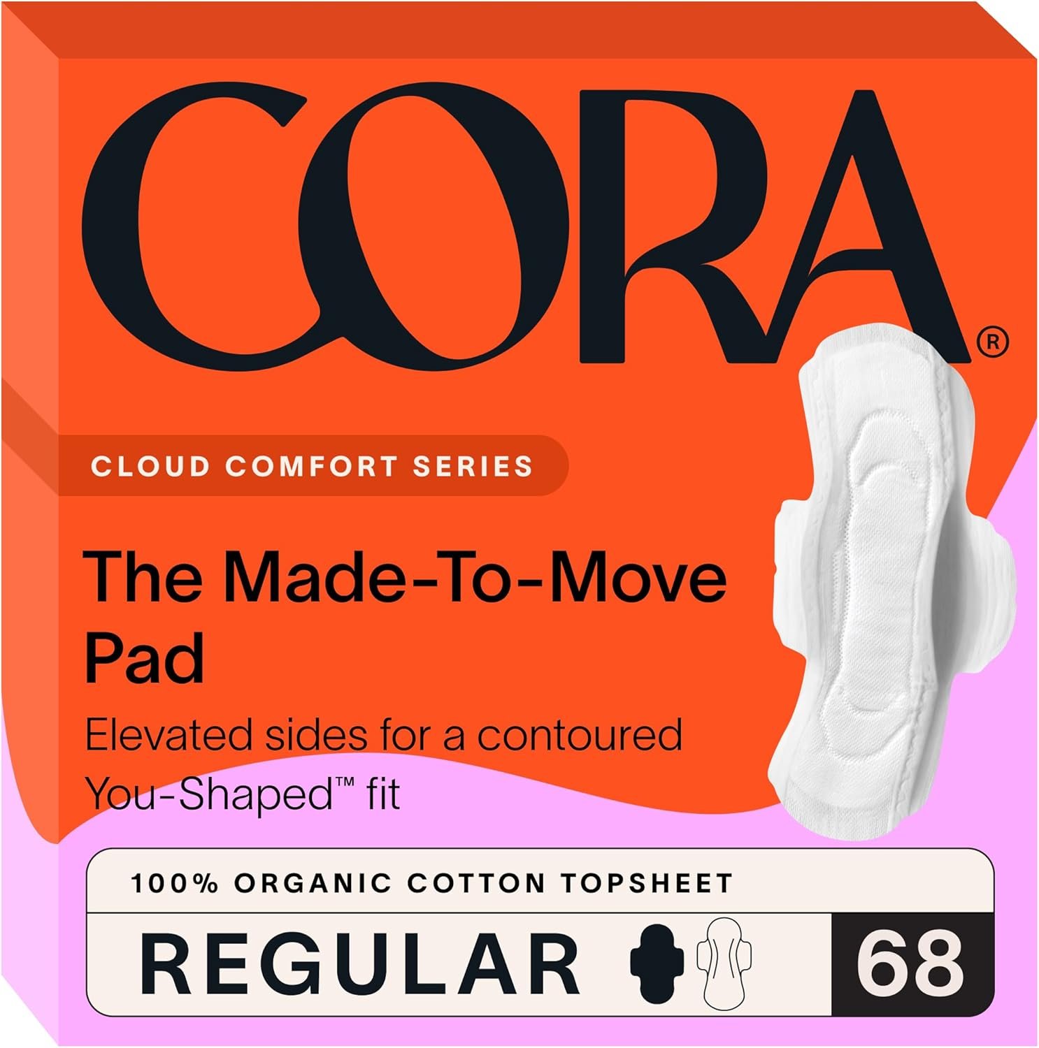 Cora Regular Pads with Wings, Made-to-Move, Organic Cotton Topsheet Ultra Thin Feminine Care Pads for Women, Soft, Comfortable & Breathable Menstrual Pad, Regular Absorbency, Unscented, 68 Count