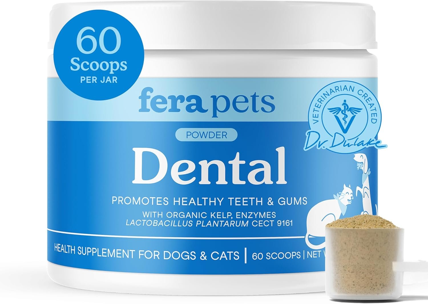 Fera Pets Cat & Dog Dental Support Powder – Supports Fresh Breath – Promotes Healthy Teeth and Gums – Targets Tartar Build-Up – Includes Kelp, Enzymes & Postbiotics – 60 Scoops