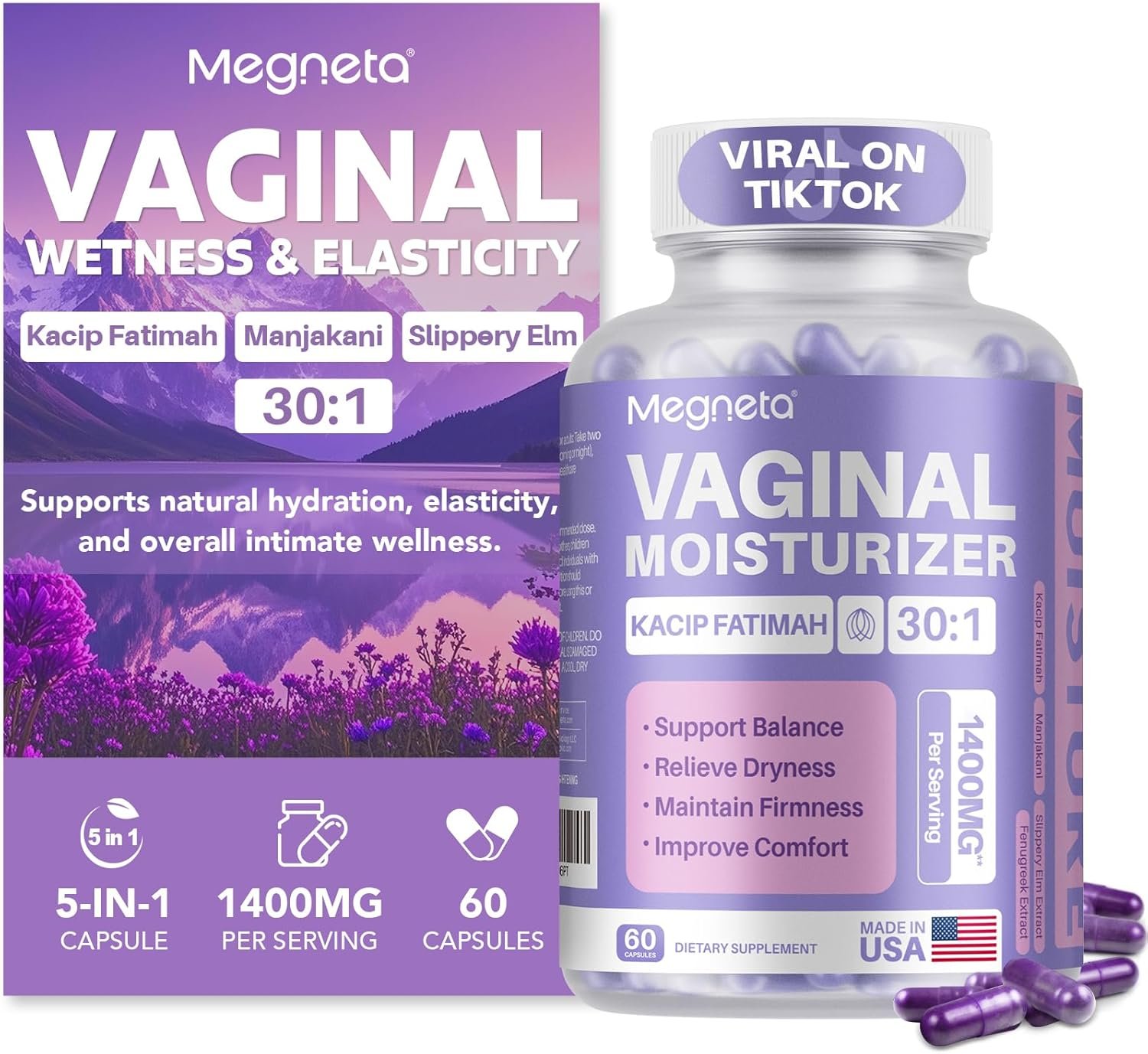 Vaginal Moisturizer, Kacip Fatimah 1,000mg & Manjakni 200mg for Female Intimate Health, Slippery Elm for Women, Vegan, 60 Capsules