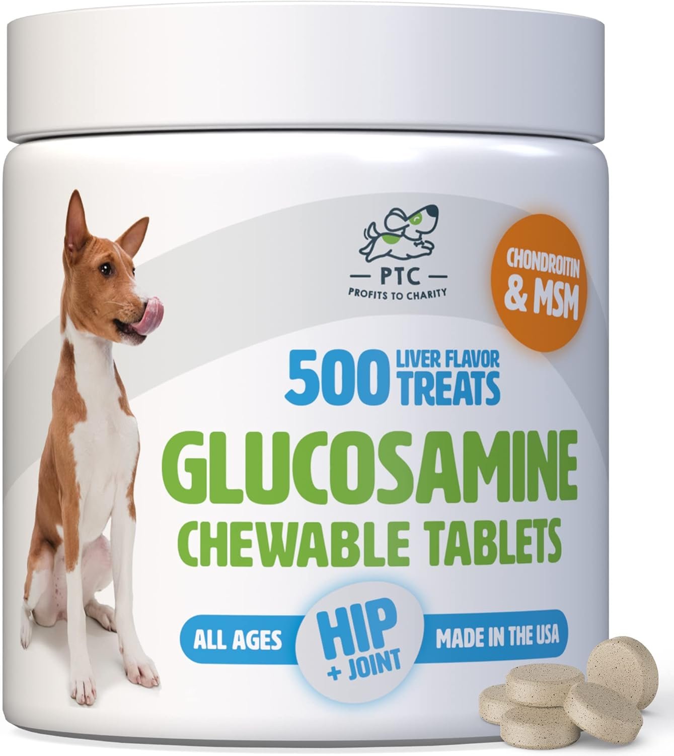 Glucosamine for Dogs with Chondroitin and MSM – Hip and Joint Supplement for Dog Mobility Support and Arthritis Pain Relief – 500 Chewable Tablet Treats by PTC – Profits to Charity