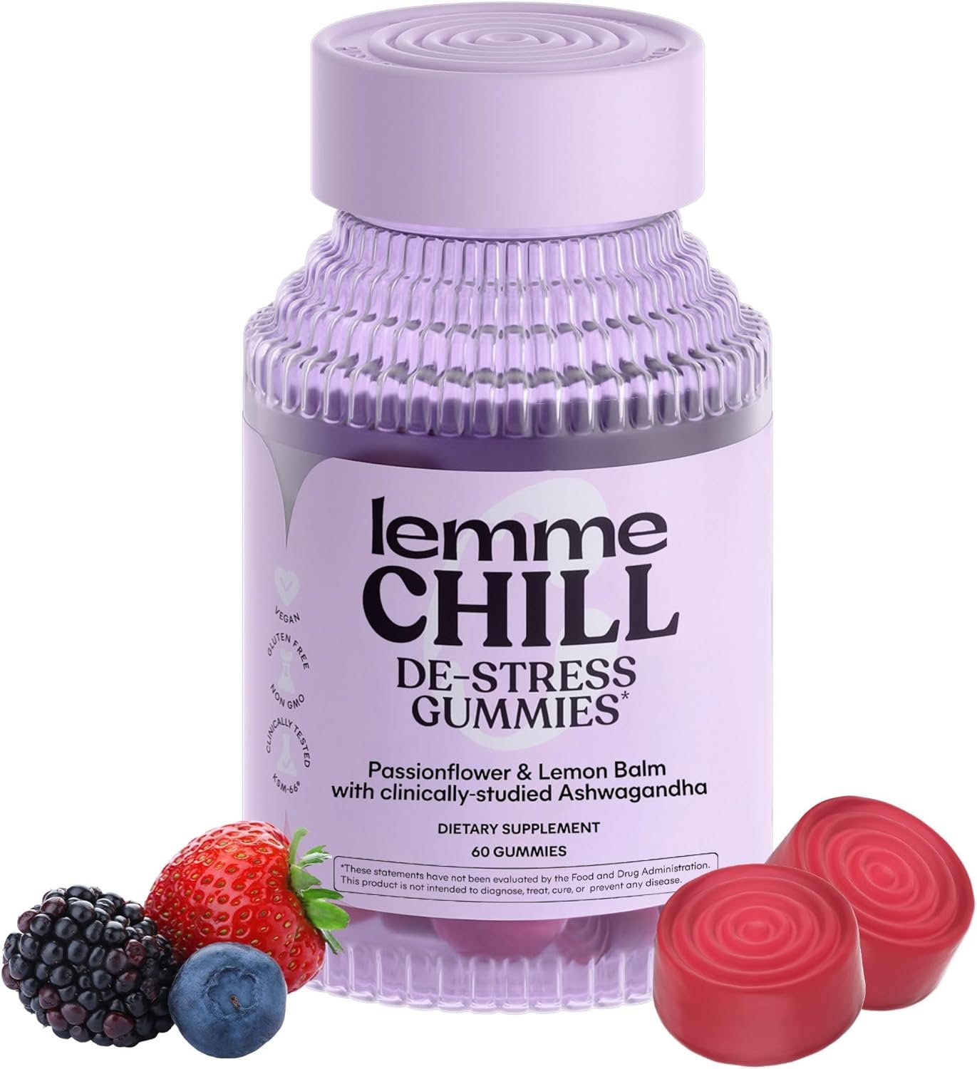 Lemme Chill Stress Relief Gummies with 300mg KSM-66 Ashwagandha, Lemon Balm, Passionflower & Goji to Support Relaxation, Healthy Cortisol & Sleep – Gluten-Free, Non-GMO, Mixed Berry (60 Count)